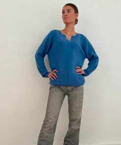 Pull PIA IDA DEGLIAME bleu jeans en cachemire de vison, coupe confortable et style chic intemporel.